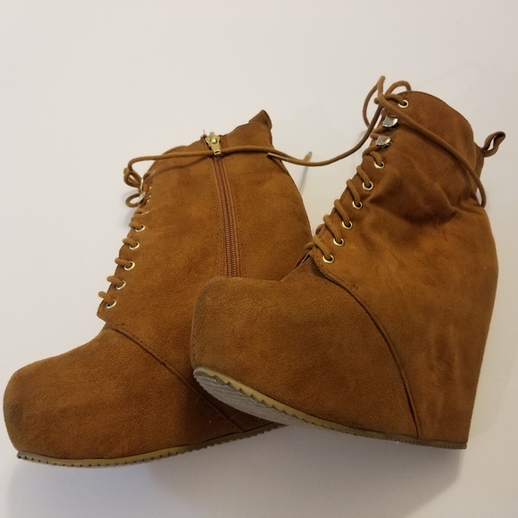 Faux Brown Suede Platform High Lace Up Wedge - Picture 2 of 8